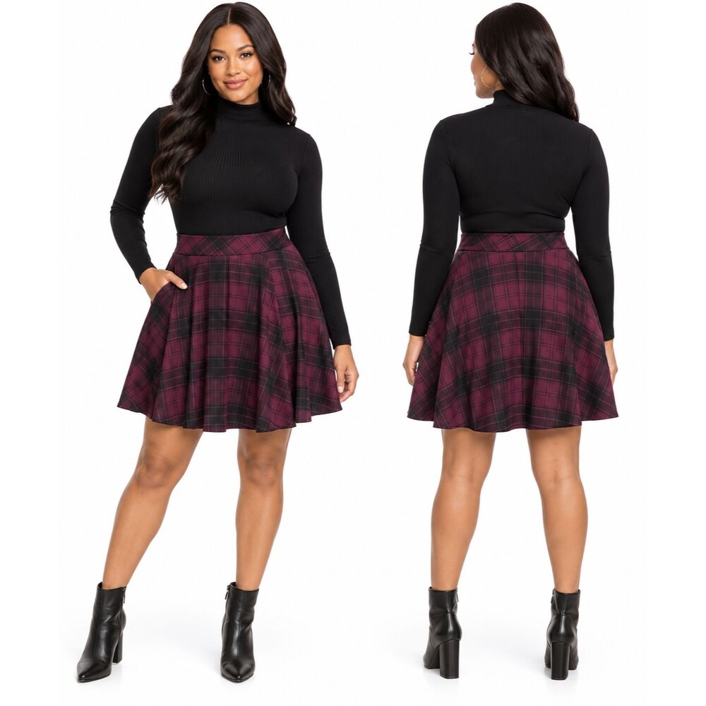 Torrid Size 0/12/Large Burgundy Black Plaid Skater A-Line Skirt Pockets Stretch